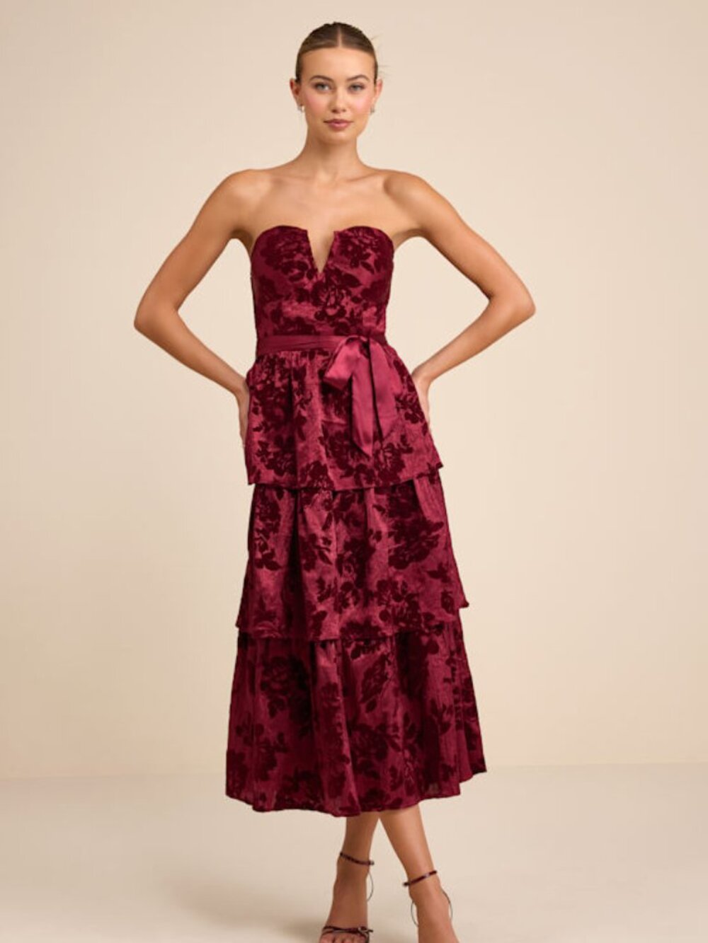 Lulus Dorina Burgundy Shadow Print Strapless Tiered Midi Dress - Size S